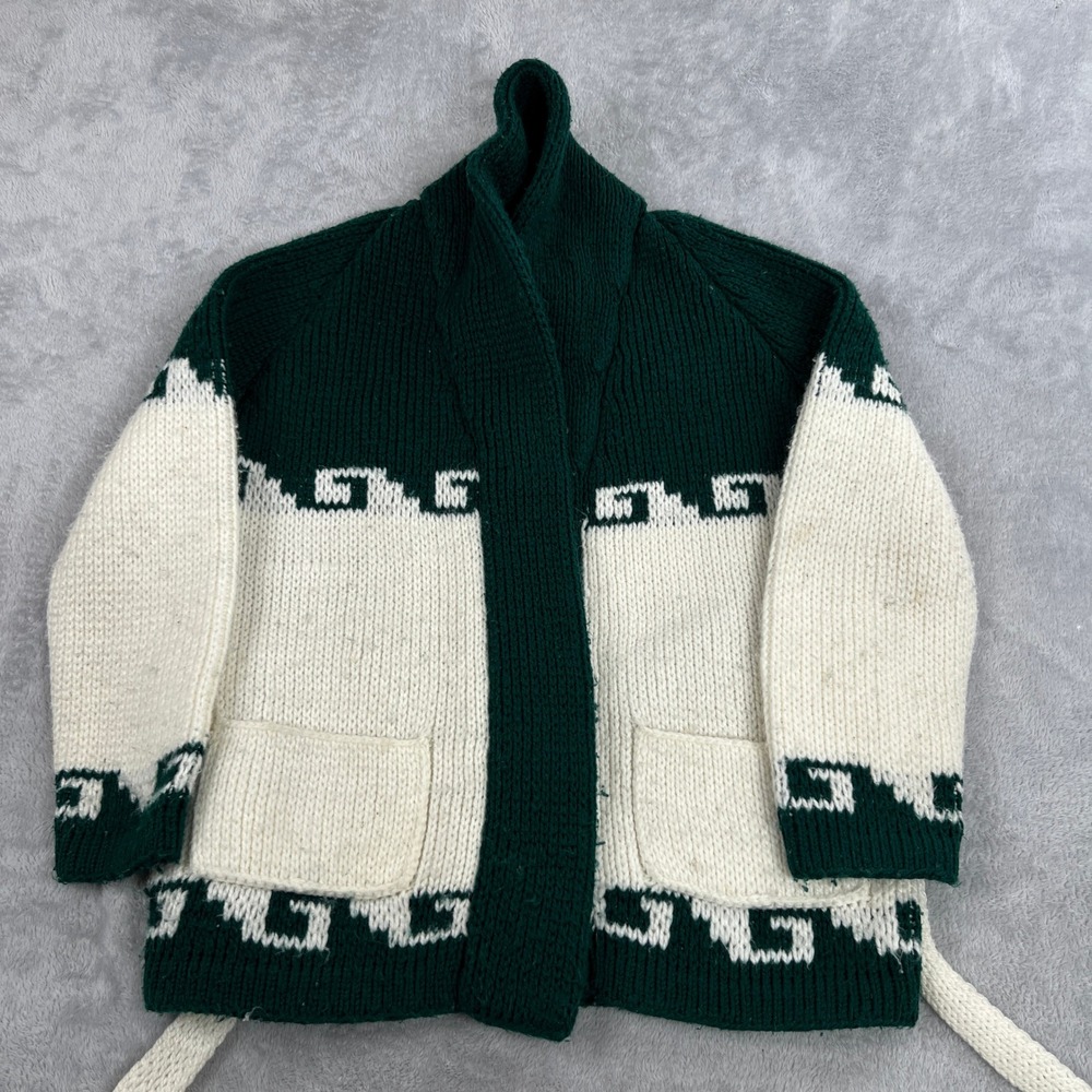Vintage Cowichan Style Shawl Cardigan S Green Cream Men Geometric Wrap Sweater